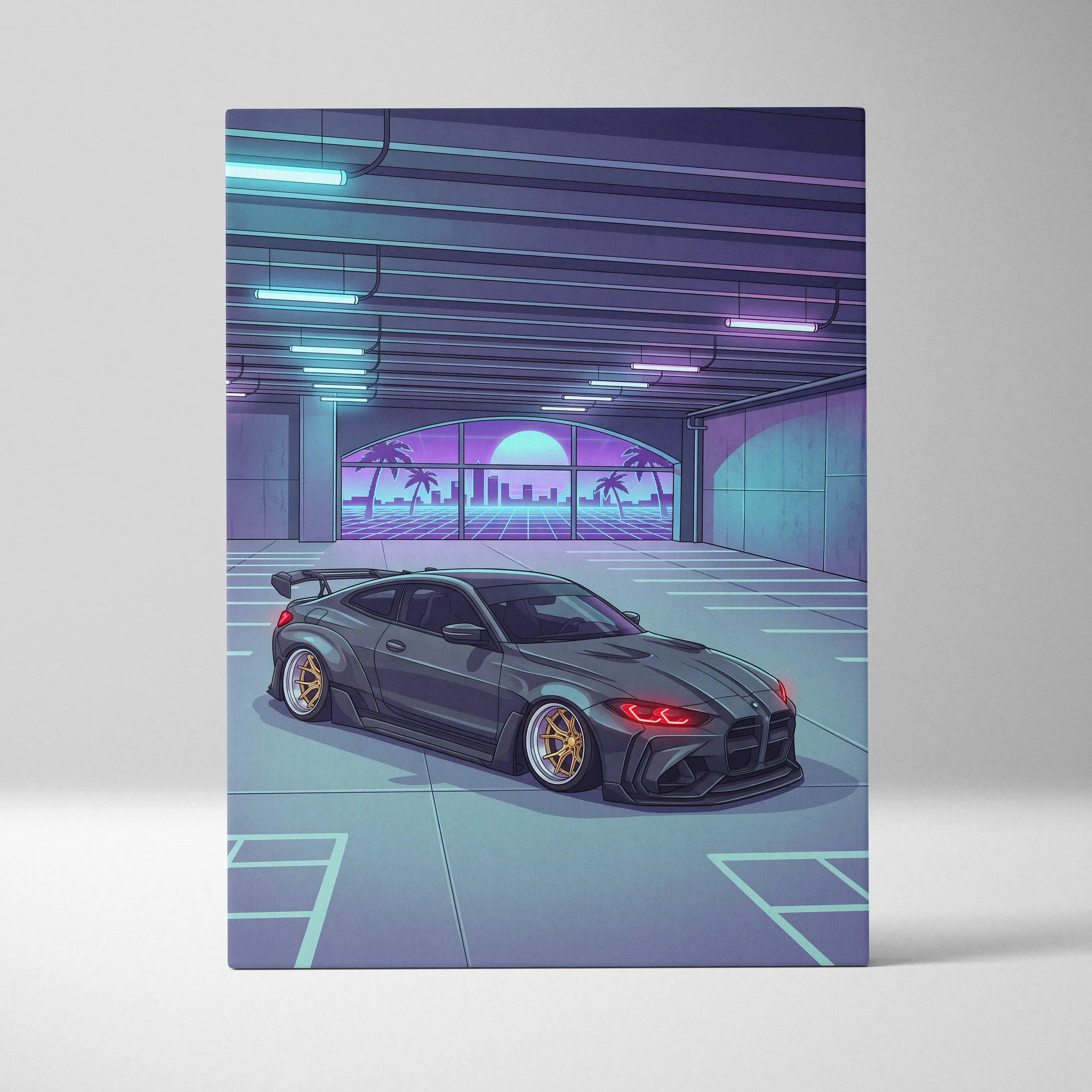 Widebody BMW M4 Inspired Vaporwave Car Canvas - Vaporwave Car Neon Blues Pink Living Room Nostalgic Mood Retro Decor Neon Art