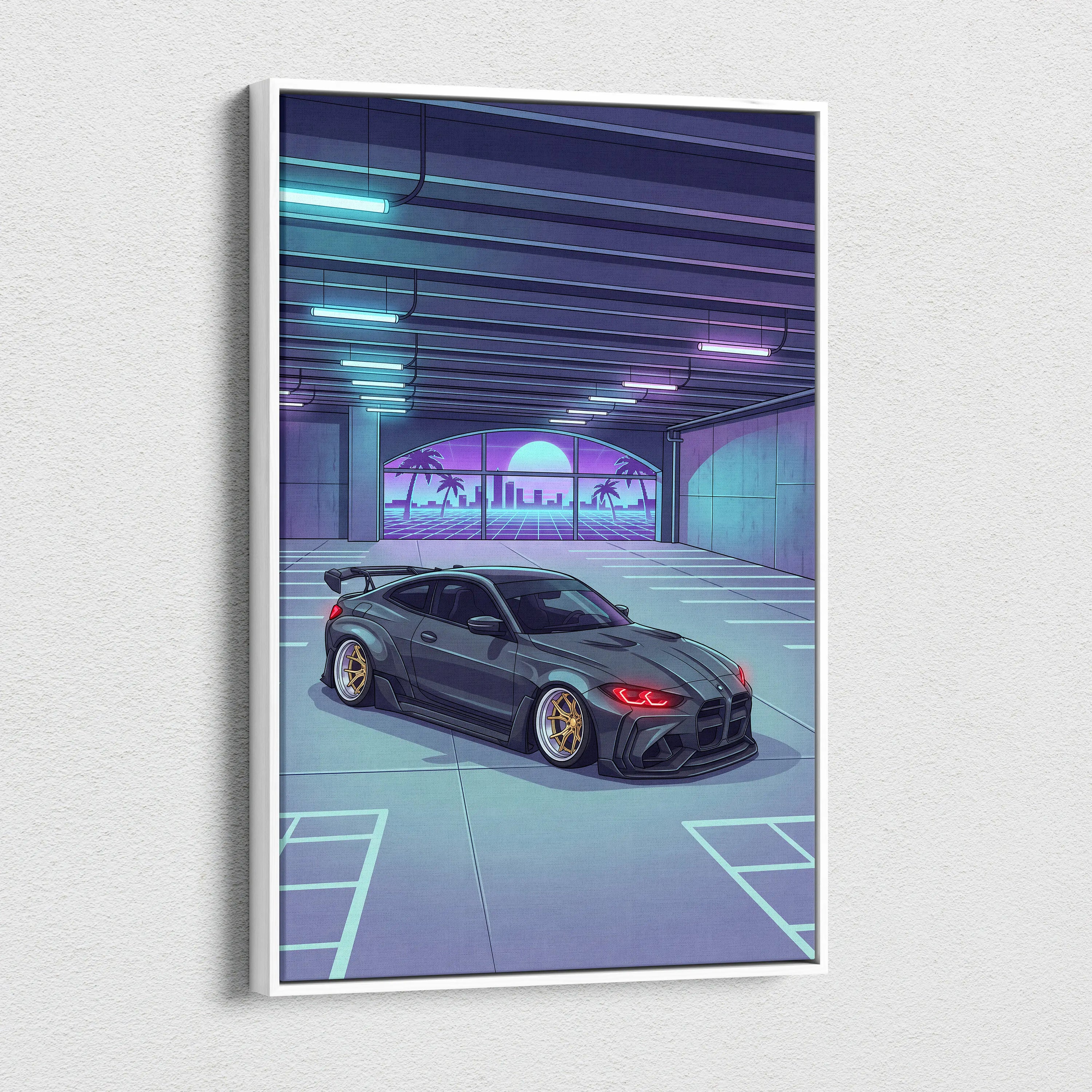 Widebody BMW M4 Inspired Vaporwave Car Canvas - Vaporwave Car Neon Blues Pink Living Room Nostalgic Mood Retro Decor Neon Art