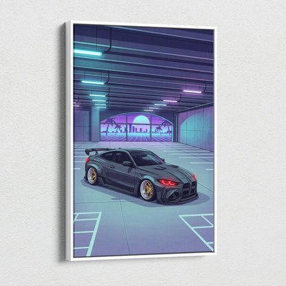 Widebody BMW M4 Inspired Vaporwave Car Canvas - Vaporwave Car Neon Blues Pink Living Room Nostalgic Mood Retro Decor Neon Art