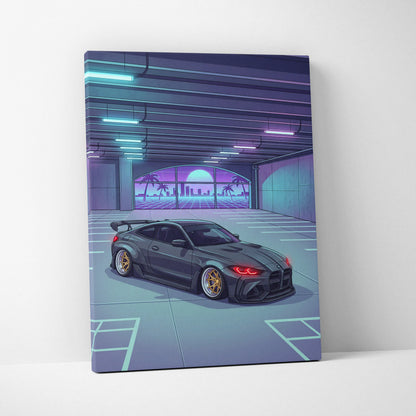 Widebody BMW M4 Inspired Vaporwave Car Canvas - Vaporwave Car Neon Blues Pink Living Room Nostalgic Mood Retro Decor Neon Art