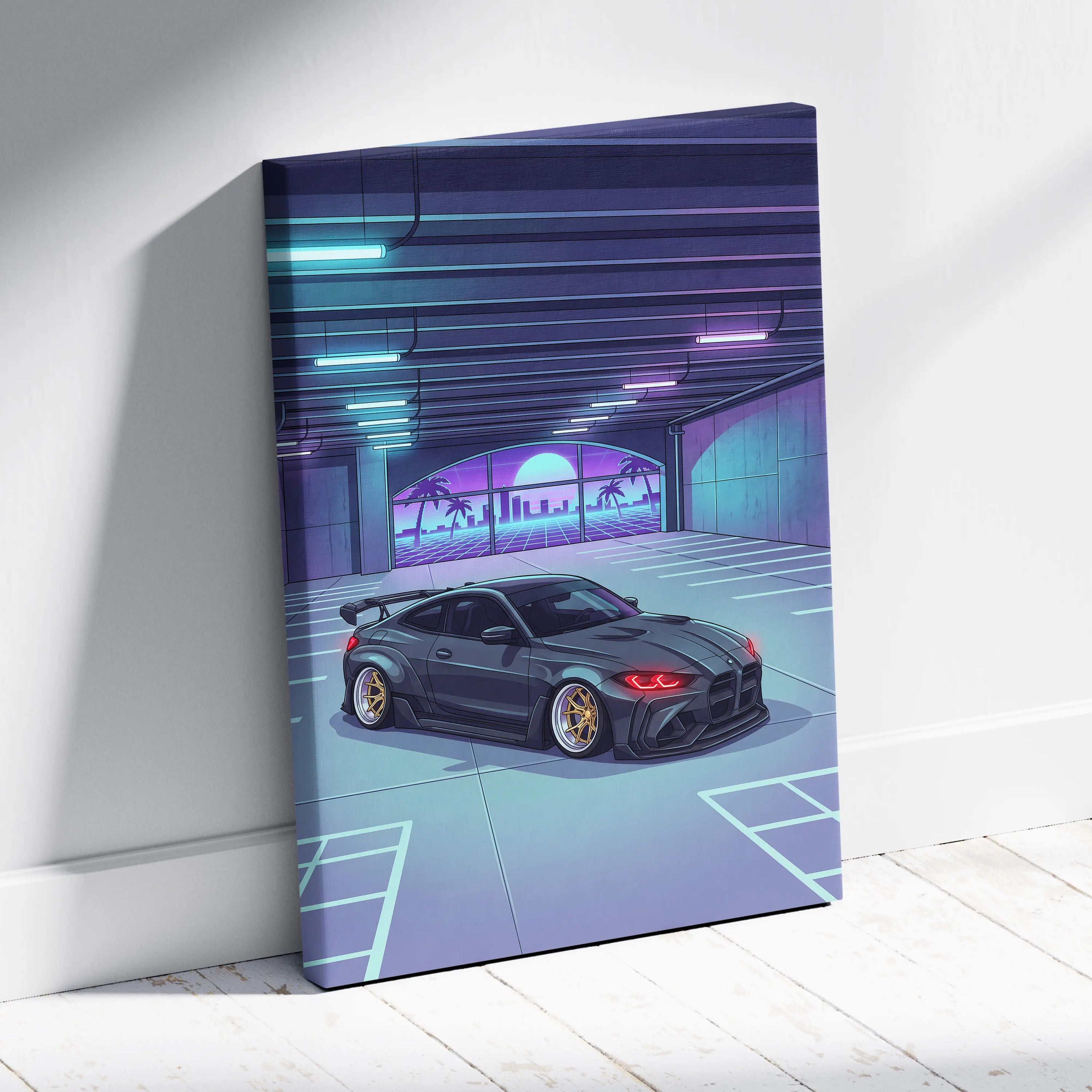Widebody BMW M4 Inspired Vaporwave Car Canvas - Vaporwave Car Neon Blues Pink Living Room Nostalgic Mood Retro Decor Neon Art