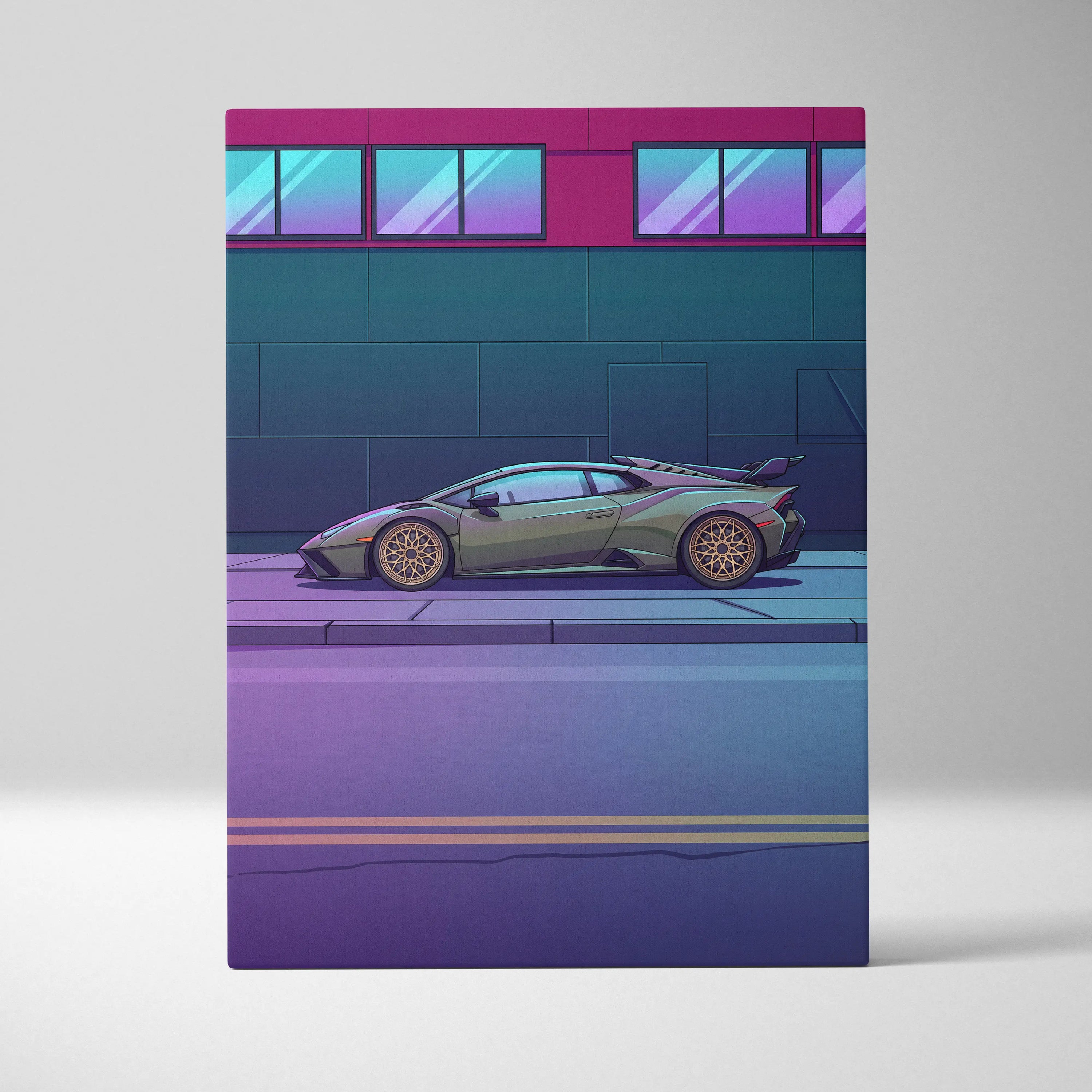 Lamborghini Huracan STO Inspired Vaporwave Car Canvas Art - Car Neon Pink and Blue Gradient, Living Room Decor Nostalgic Mood Canvas