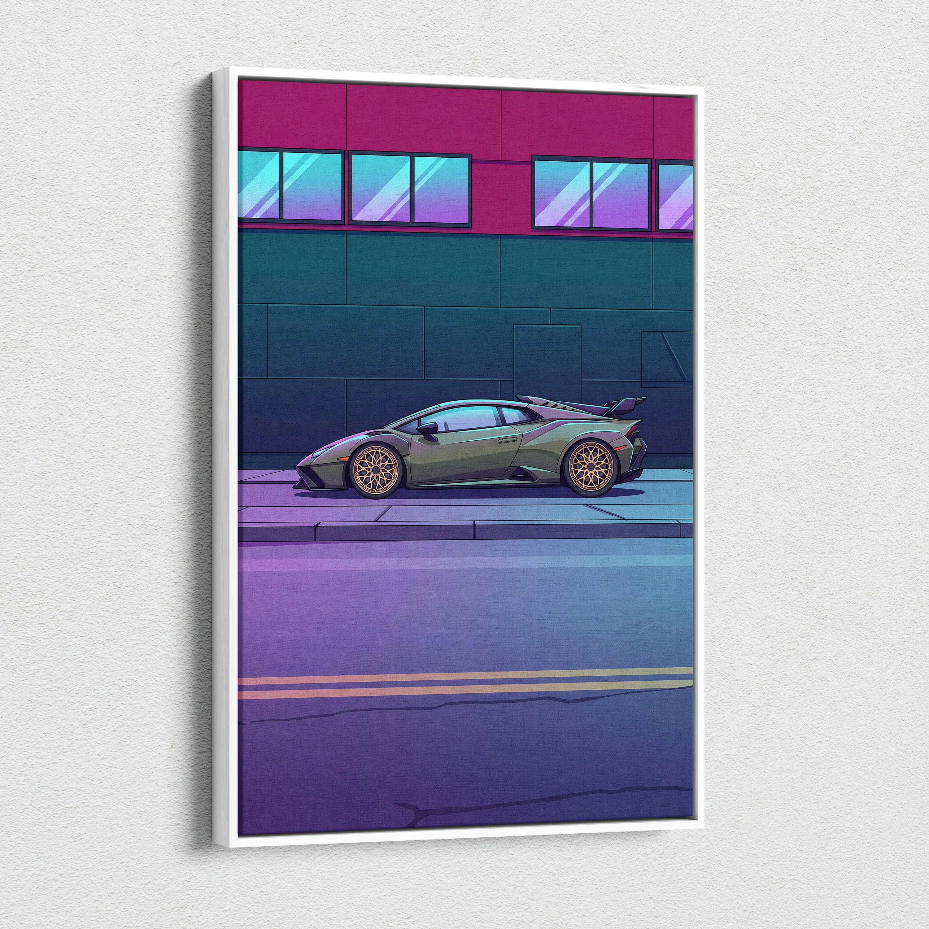 Lamborghini Huracan STO Inspired Vaporwave Car Canvas Art - Car Neon Pink and Blue Gradient, Living Room Decor Nostalgic Mood Canvas