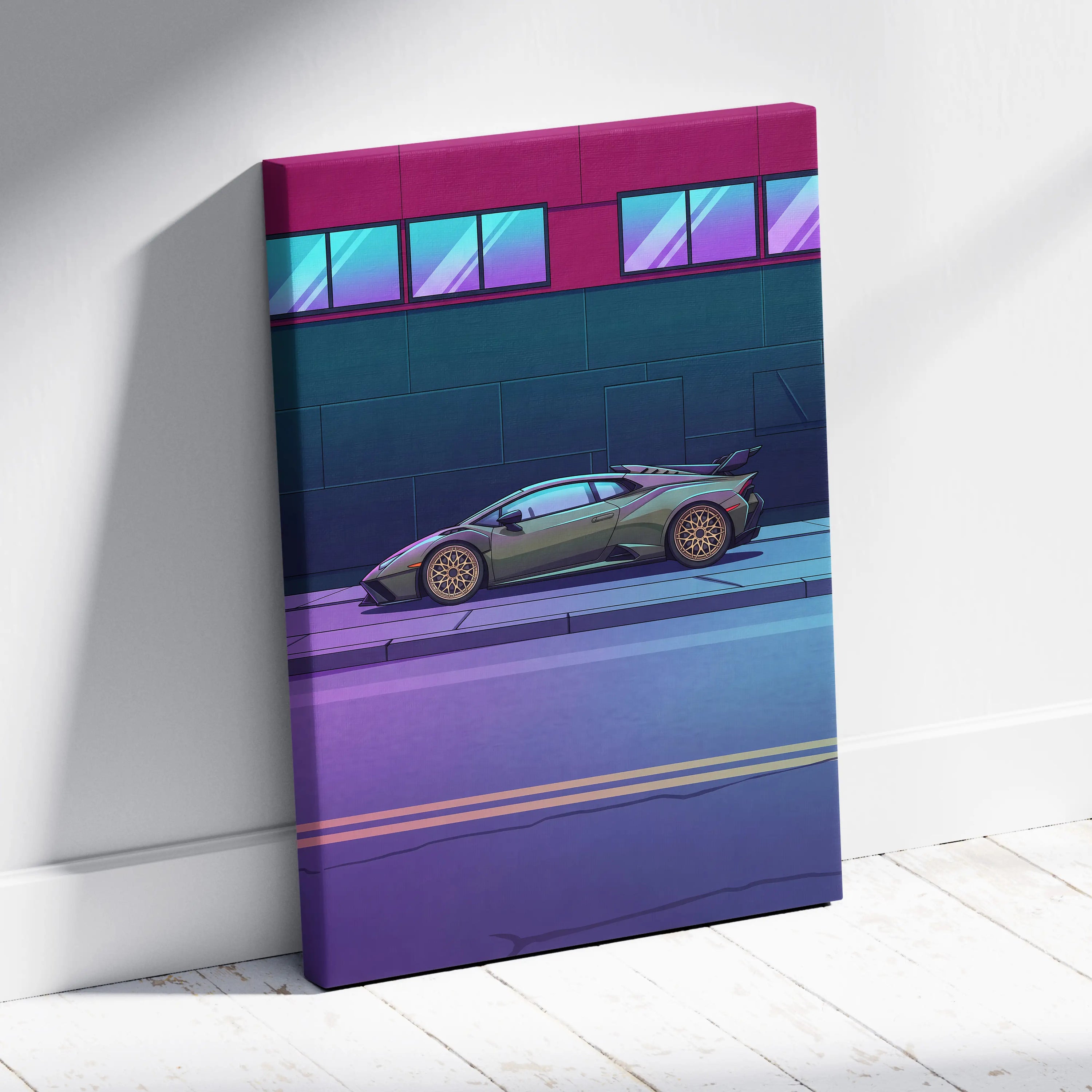 Lamborghini Huracan STO Inspired Vaporwave Car Canvas Art - Car Neon Pink and Blue Gradient, Living Room Decor Nostalgic Mood Canvas