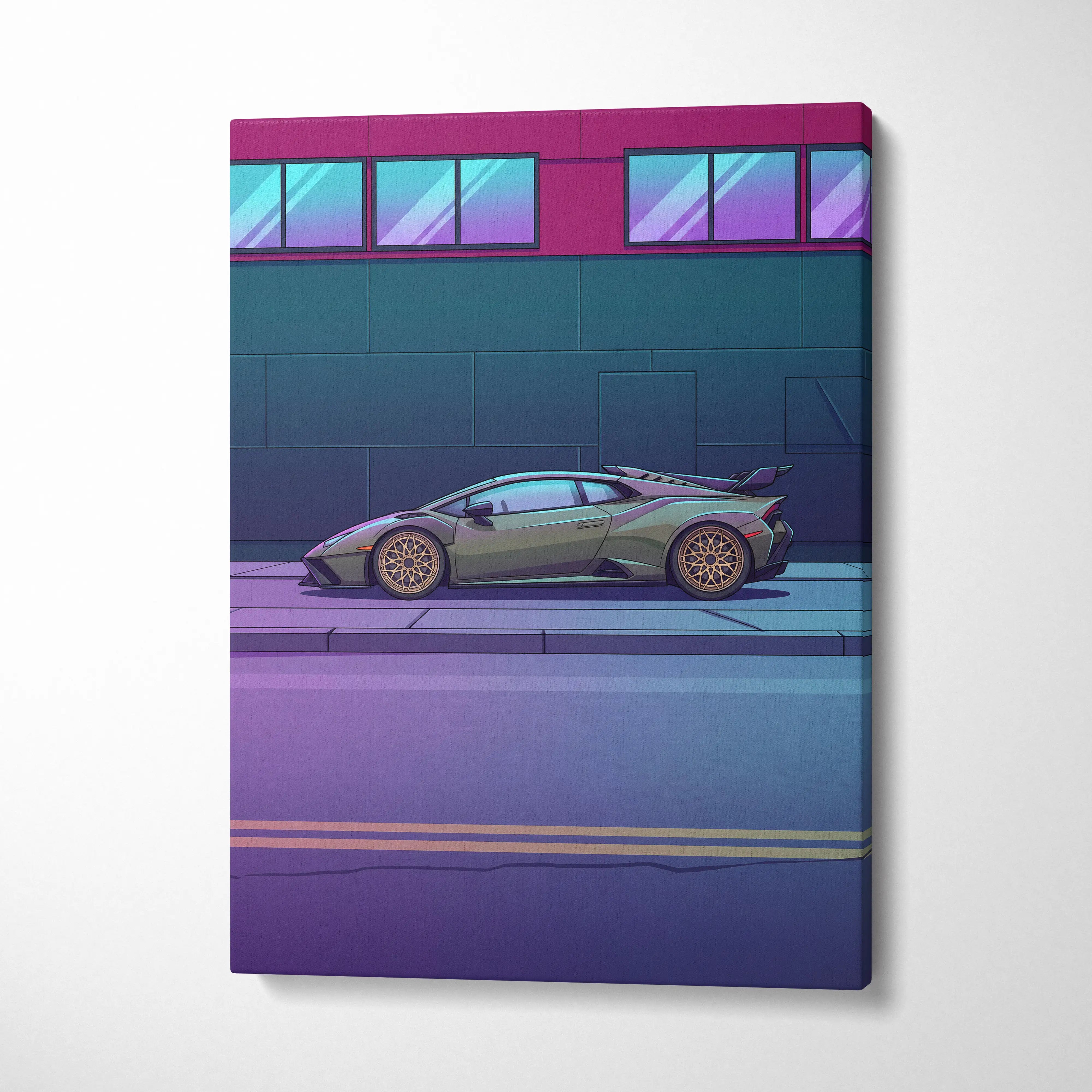 Lamborghini Huracan STO Inspired Vaporwave Car Canvas Art - Car Neon Pink and Blue Gradient, Living Room Decor Nostalgic Mood Canvas