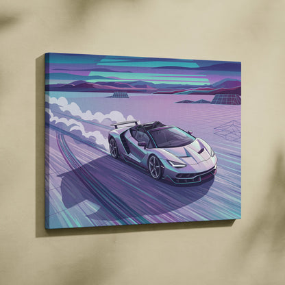 Lamborghini Centenario Roadster Inspired Silver Teal Canvas Wall Art, Speed Vaporwave Hypercar Artwork for Futuristic Garage Decor