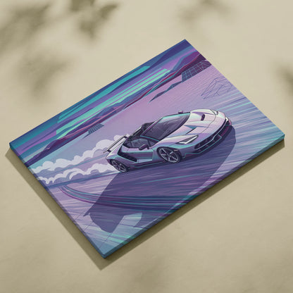 Lamborghini Centenario Roadster Inspired Silver Teal Canvas Wall Art, Speed Vaporwave Hypercar Artwork for Futuristic Garage Decor