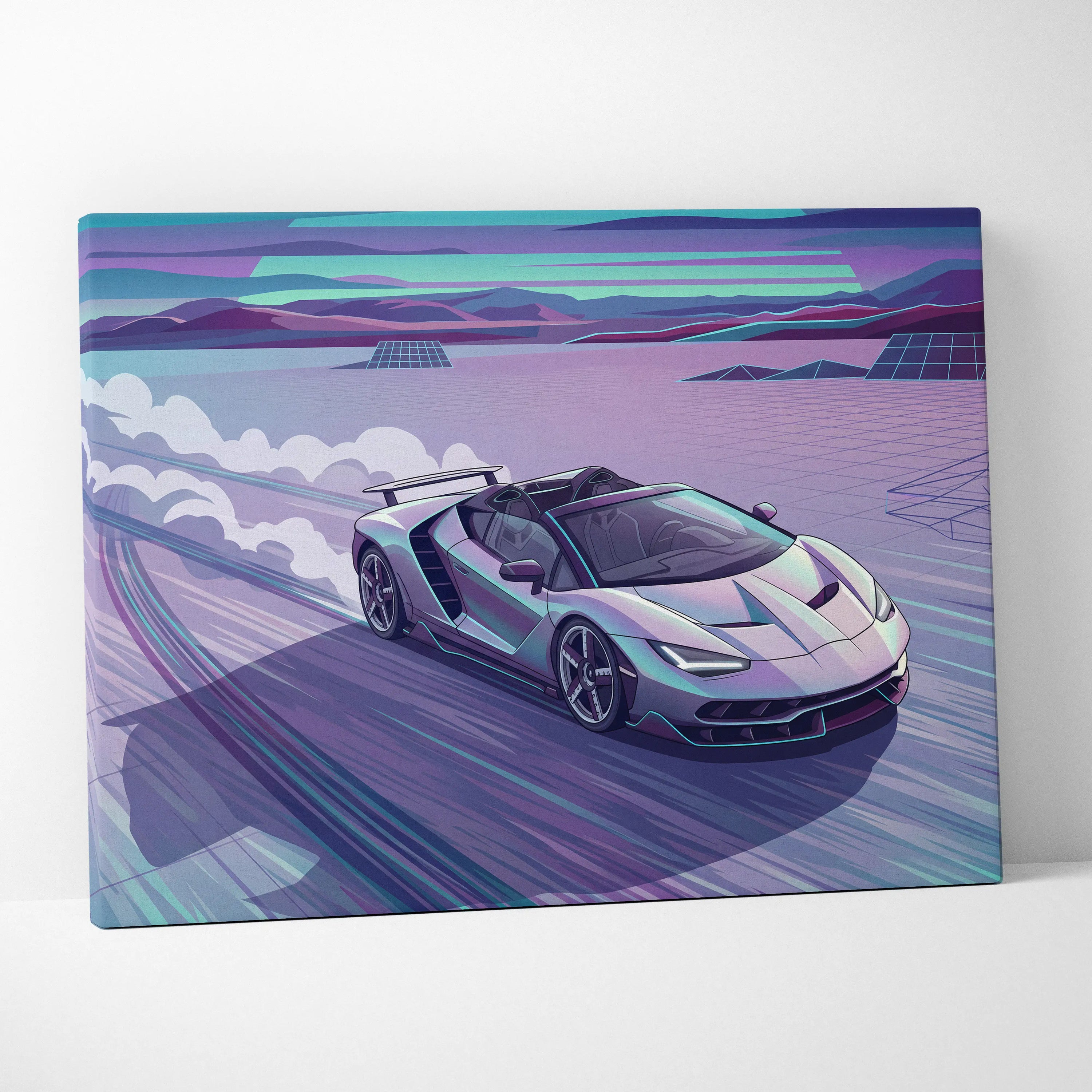 Lamborghini Centenario Roadster Inspired Silver Teal Canvas Wall Art, Speed Vaporwave Hypercar Artwork for Futuristic Garage Decor