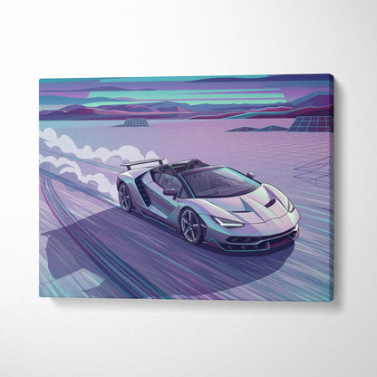 Lamborghini Centenario Roadster Inspired Silver Teal Canvas Wall Art, Speed Vaporwave Hypercar Artwork for Futuristic Garage Decor