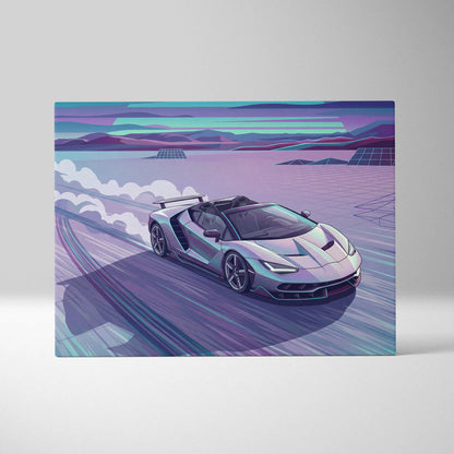 Lamborghini Centenario Roadster Inspired Silver Teal Canvas Wall Art, Speed Vaporwave Hypercar Artwork for Futuristic Garage Decor