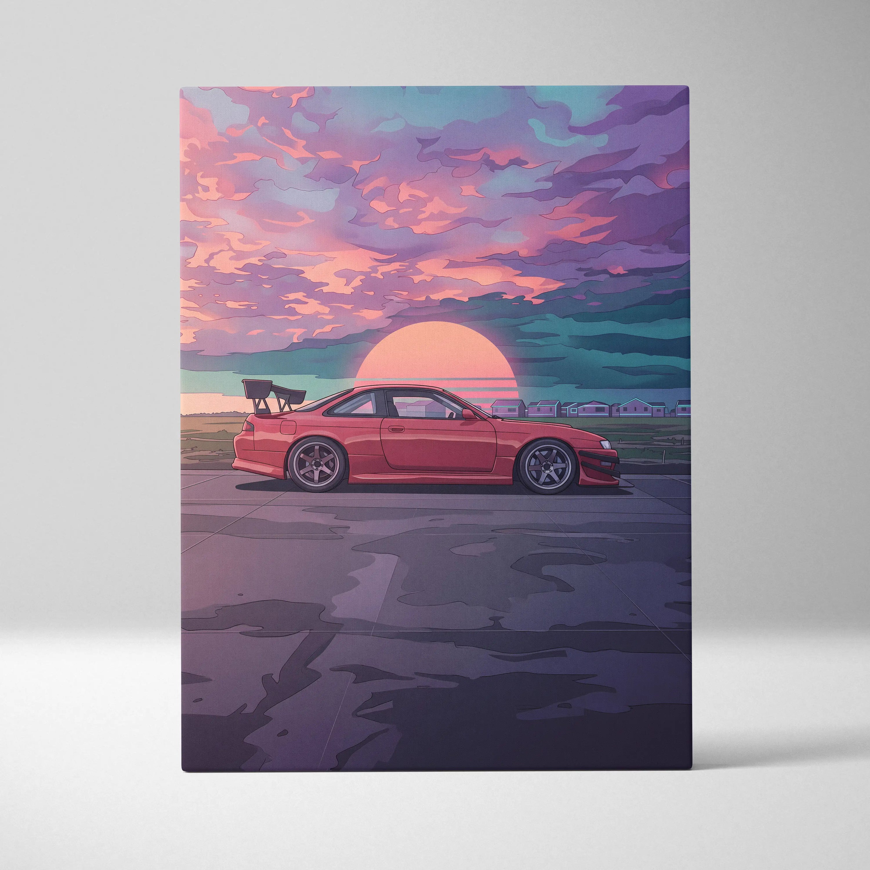 Nissan Silvia S14 Inspired Red Sunset Canvas Wall Art Vaporwave JDM Car Artwork, Moody Coastal Garage Decor Retro Futuristic Print