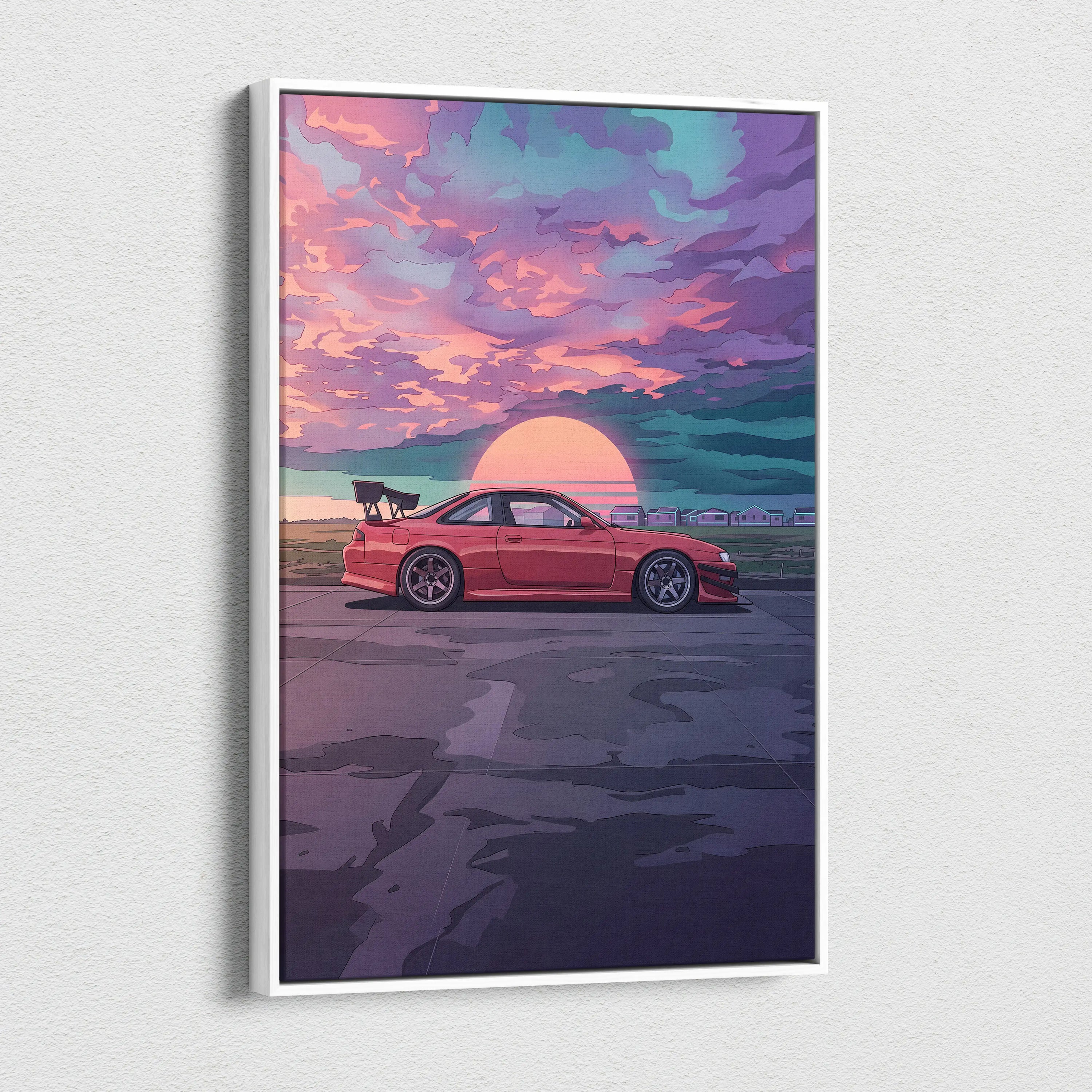 Nissan Silvia S14 Inspired Red Sunset Canvas Wall Art Vaporwave JDM Car Artwork, Moody Coastal Garage Decor Retro Futuristic Print