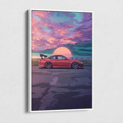 Nissan Silvia S14 Inspired Red Sunset Canvas Wall Art Vaporwave JDM Car Artwork, Moody Coastal Garage Decor Retro Futuristic Print