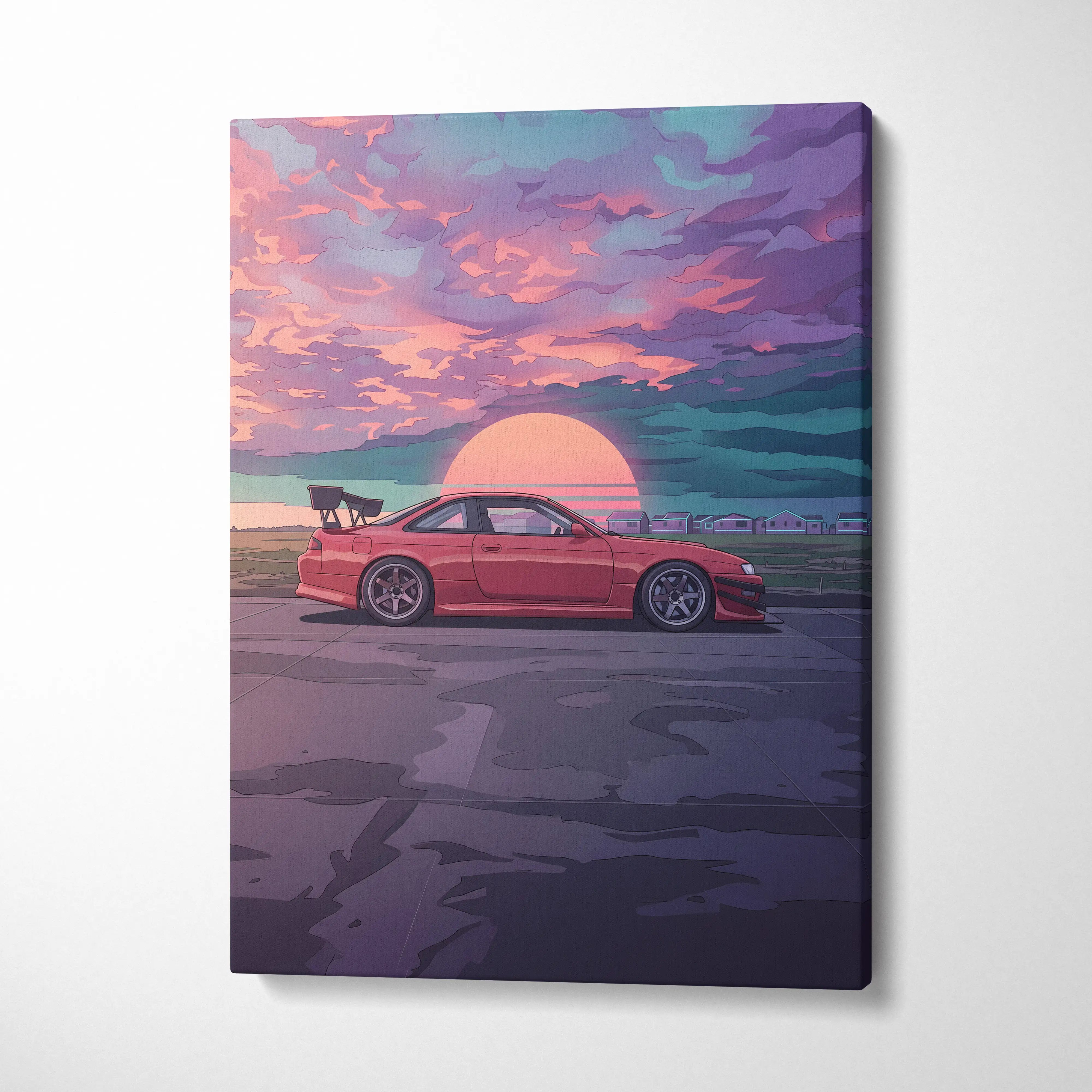 Nissan Silvia S14 Inspired Red Sunset Canvas Wall Art Vaporwave JDM Car Artwork, Moody Coastal Garage Decor Retro Futuristic Print