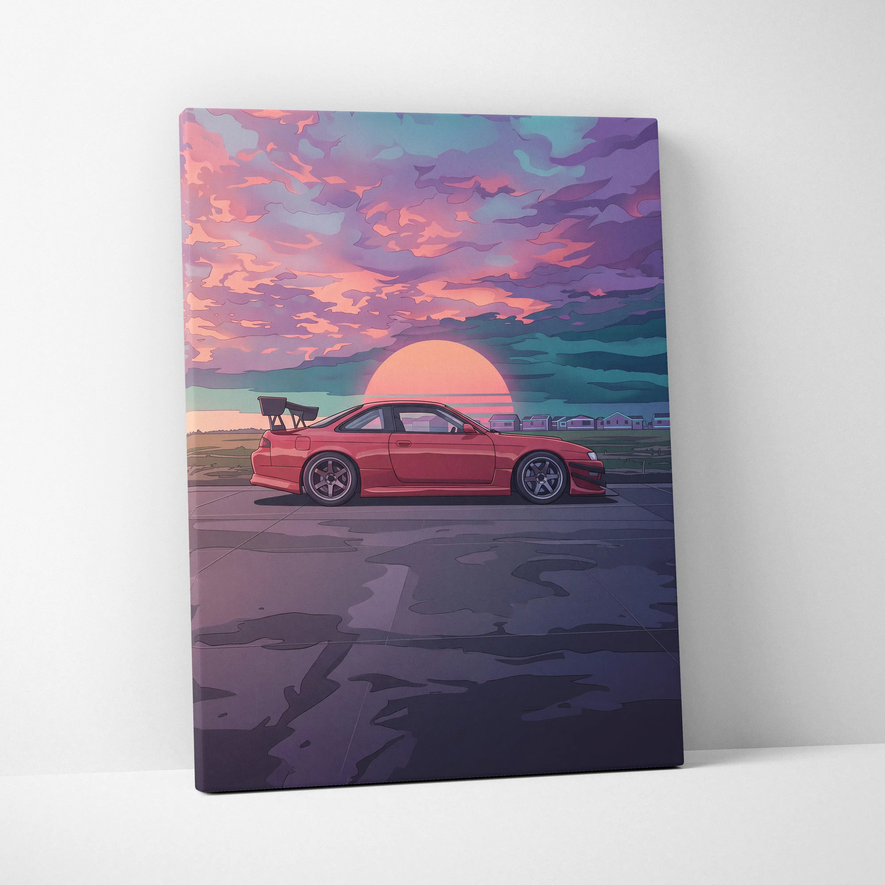 Nissan Silvia S14 Inspired Red Sunset Canvas Wall Art Vaporwave JDM Car Artwork, Moody Coastal Garage Decor Retro Futuristic Print
