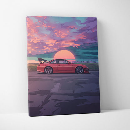 Nissan Silvia S14 Inspired Red Sunset Canvas Wall Art Vaporwave JDM Car Artwork, Moody Coastal Garage Decor Retro Futuristic Print