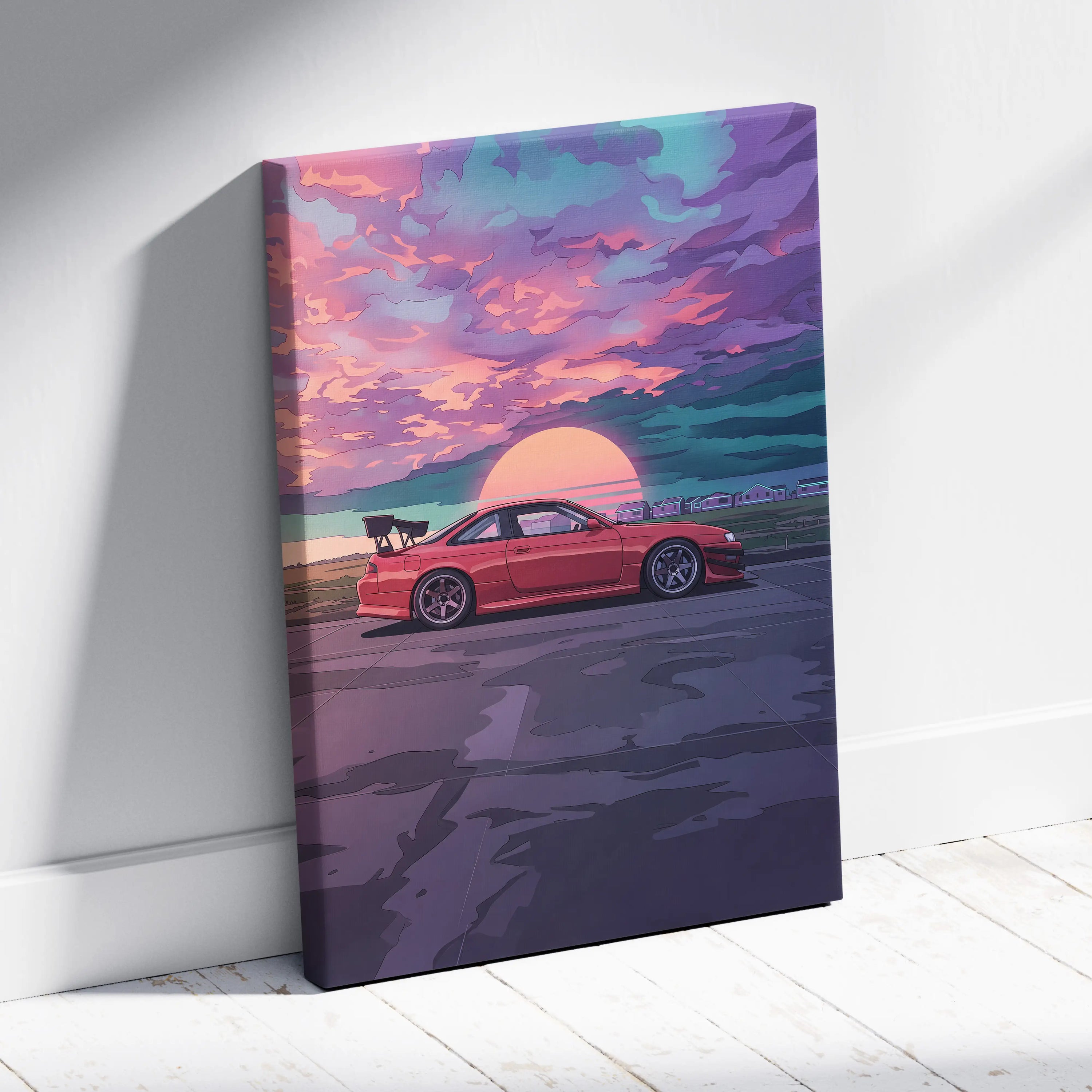 Nissan Silvia S14 Inspired Red Sunset Canvas Wall Art Vaporwave JDM Car Artwork, Moody Coastal Garage Decor Retro Futuristic Print