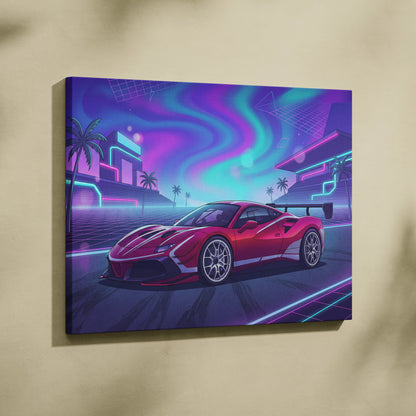 Ferrari 488 Pista Inspired Red Purple Canvas Wall Art, Vaporwave Track Car Artwork, Neon City Garage Decor, Retro Futuristic Motorsport Print
