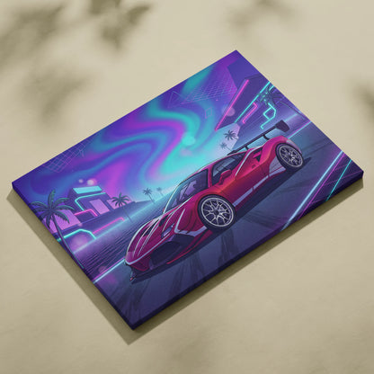 Ferrari 488 Pista Inspired Red Purple Canvas Wall Art, Vaporwave Track Car Artwork, Neon City Garage Decor, Retro Futuristic Motorsport Print
