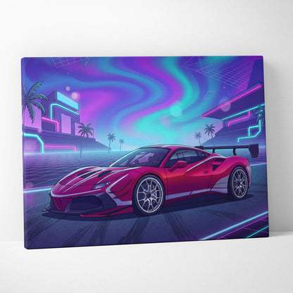 Ferrari 488 Pista Inspired Red Purple Canvas Wall Art, Vaporwave Track Car Artwork, Neon City Garage Decor, Retro Futuristic Motorsport Print
