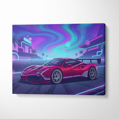 Ferrari 488 Pista Inspired Red Purple Canvas Wall Art, Vaporwave Track Car Artwork, Neon City Garage Decor, Retro Futuristic Motorsport Print