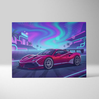 Ferrari 488 Pista Inspired Red Purple Canvas Wall Art, Vaporwave Track Car Artwork, Neon City Garage Decor, Retro Futuristic Motorsport Print
