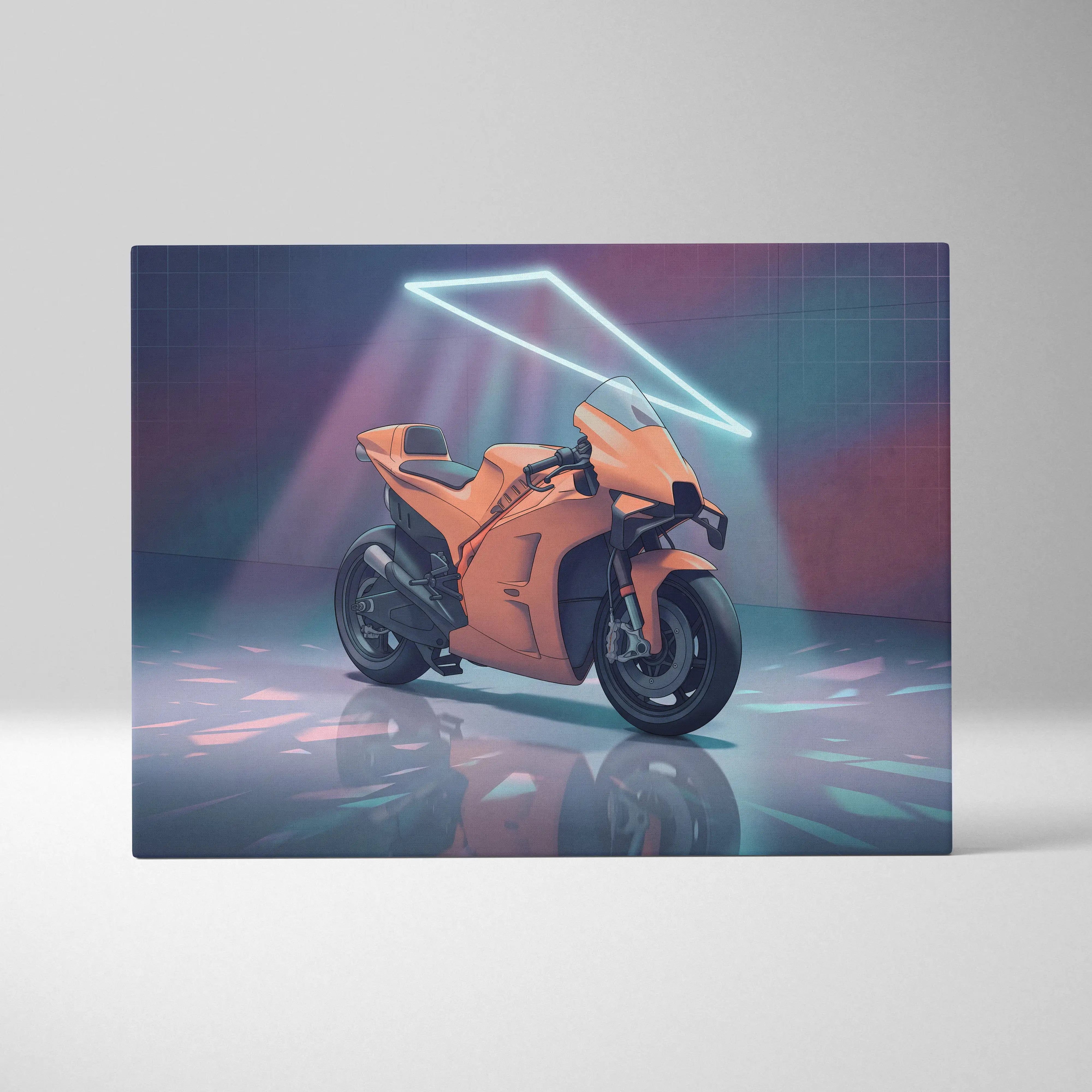 KTM RC 8C Inspired Orange Teal Motorcycle Canvas Wall Art Vaporwave Neon Garage Sportbike Artwork for Retro Futuristic Decor Print