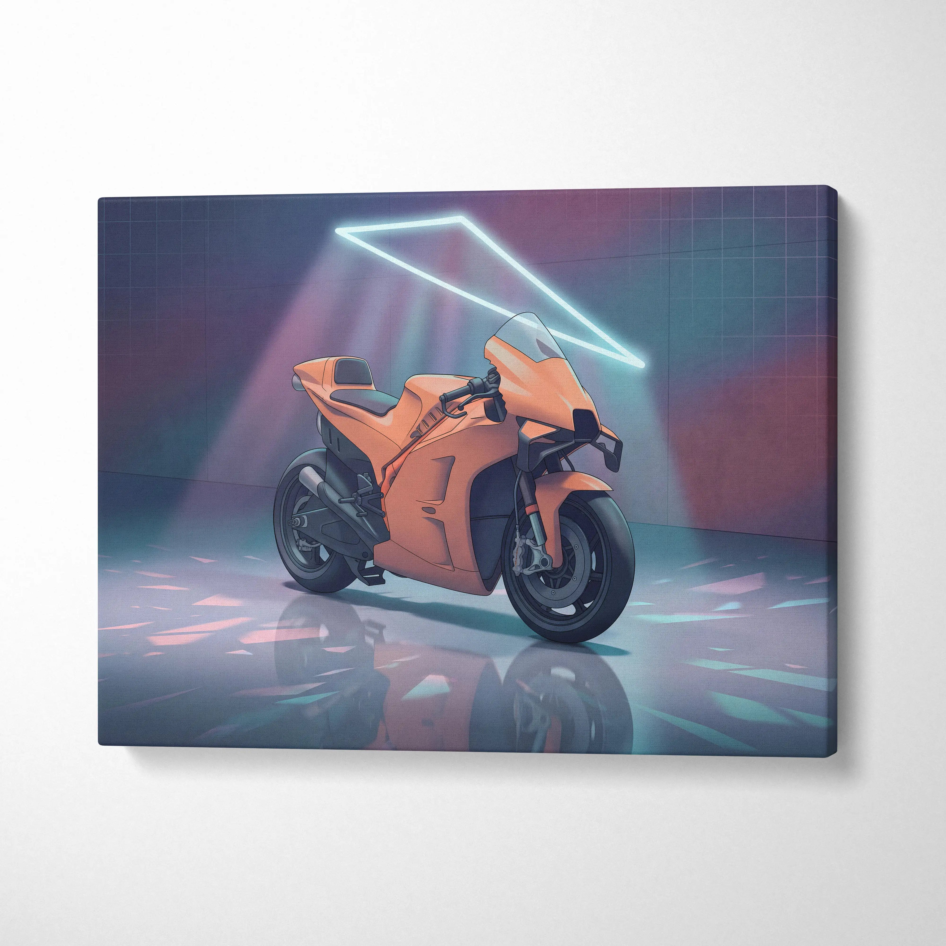 KTM RC 8C Inspired Orange Teal Motorcycle Canvas Wall Art Vaporwave Neon Garage Sportbike Artwork for Retro Futuristic Decor Print