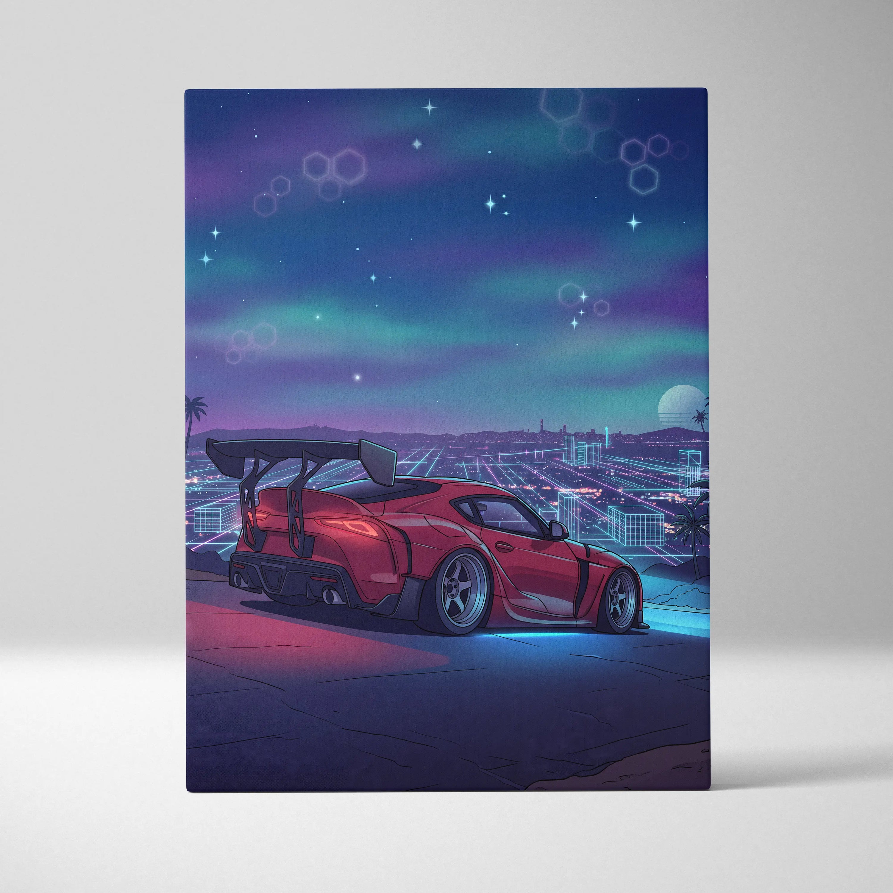 Toyota Supra Inspired Red Blue City Canvas Wall Art Vaporwave Neon Sports Car Artwork, Retro Futuristic Skyline Garage Decor Print