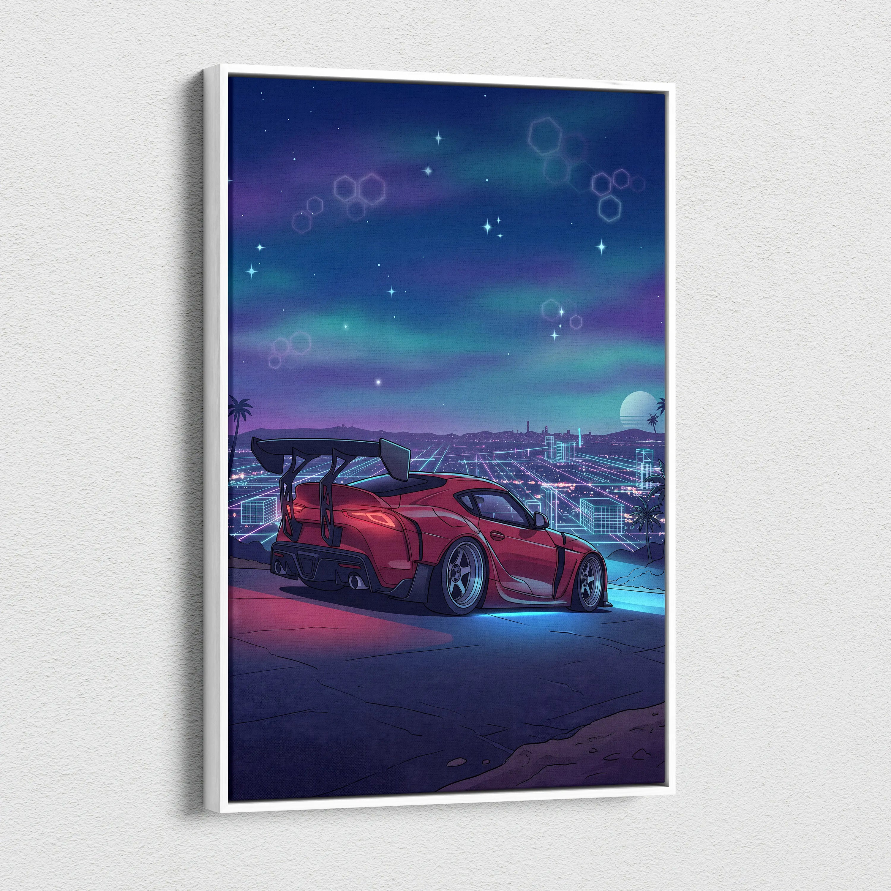 Toyota Supra Inspired Red Blue City Canvas Wall Art Vaporwave Neon Sports Car Artwork, Retro Futuristic Skyline Garage Decor Print
