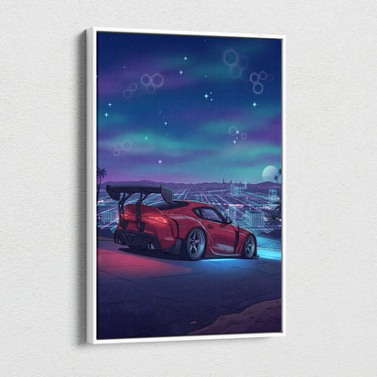 Toyota Supra Inspired Red Blue City Canvas Wall Art Vaporwave Neon Sports Car Artwork, Retro Futuristic Skyline Garage Decor Print