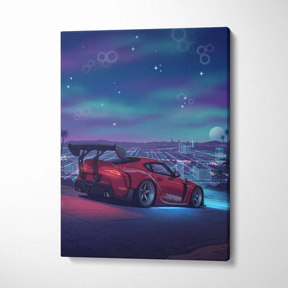 Toyota Supra Inspired Red Blue City Canvas Wall Art Vaporwave Neon Sports Car Artwork, Retro Futuristic Skyline Garage Decor Print