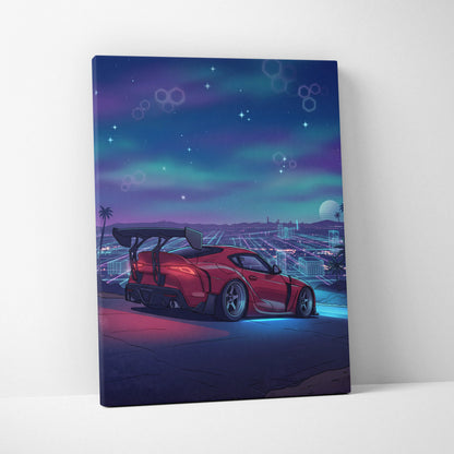 Toyota Supra Inspired Red Blue City Canvas Wall Art Vaporwave Neon Sports Car Artwork, Retro Futuristic Skyline Garage Decor Print