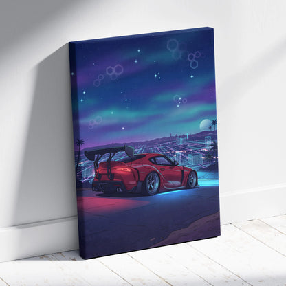 Toyota Supra Inspired Red Blue City Canvas Wall Art Vaporwave Neon Sports Car Artwork, Retro Futuristic Skyline Garage Decor Print