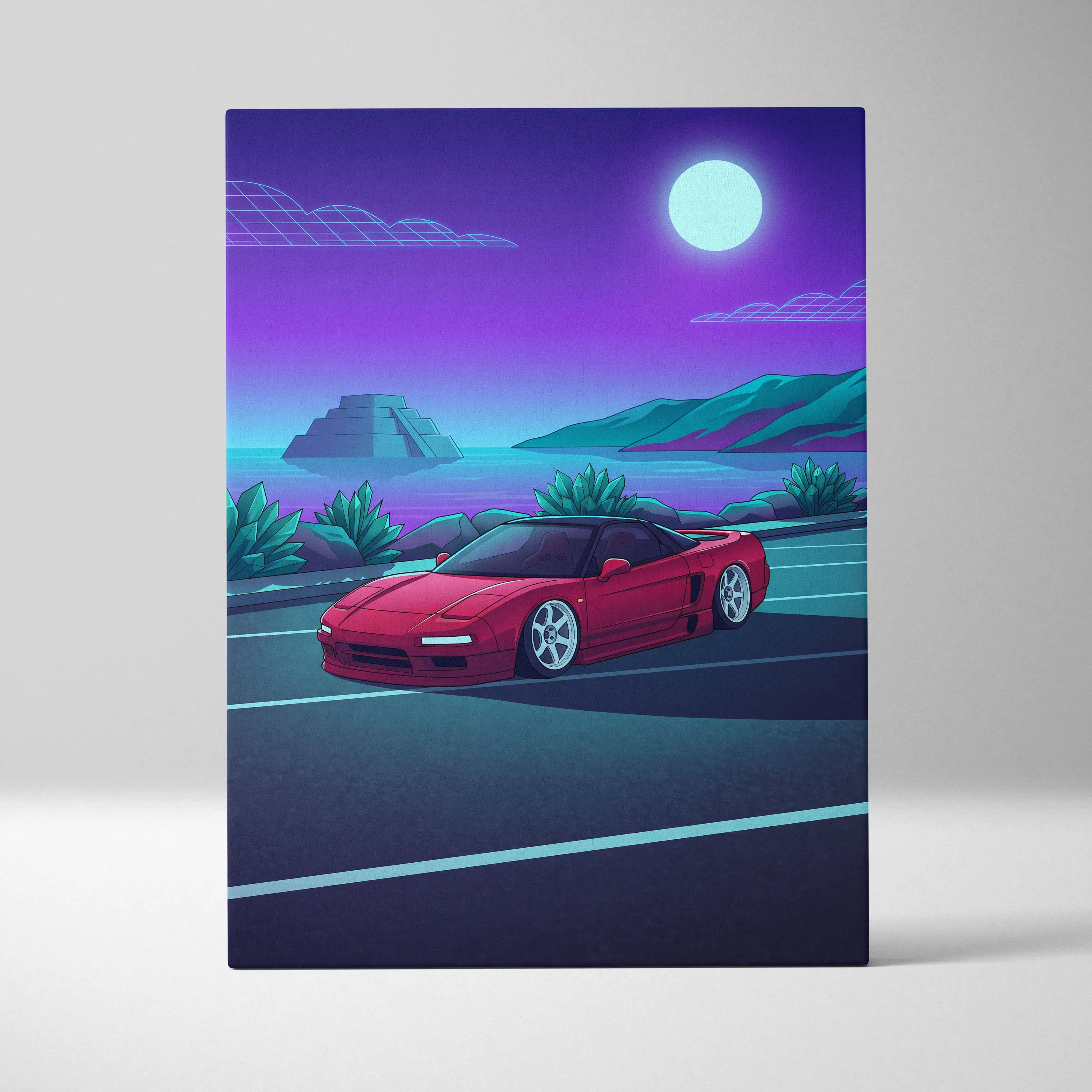 Honda NSX Inspired Red Purple Coastal Canvas Wall Art Vaporwave JDM Supercar Artwork, Neon Ocean Road Garage Decor Retro Futuristic Print