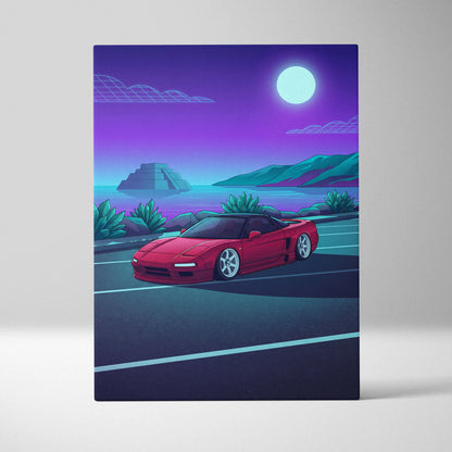 Honda NSX Inspired Red Purple Coastal Canvas Wall Art Vaporwave JDM Supercar Artwork, Neon Ocean Road Garage Decor Retro Futuristic Print