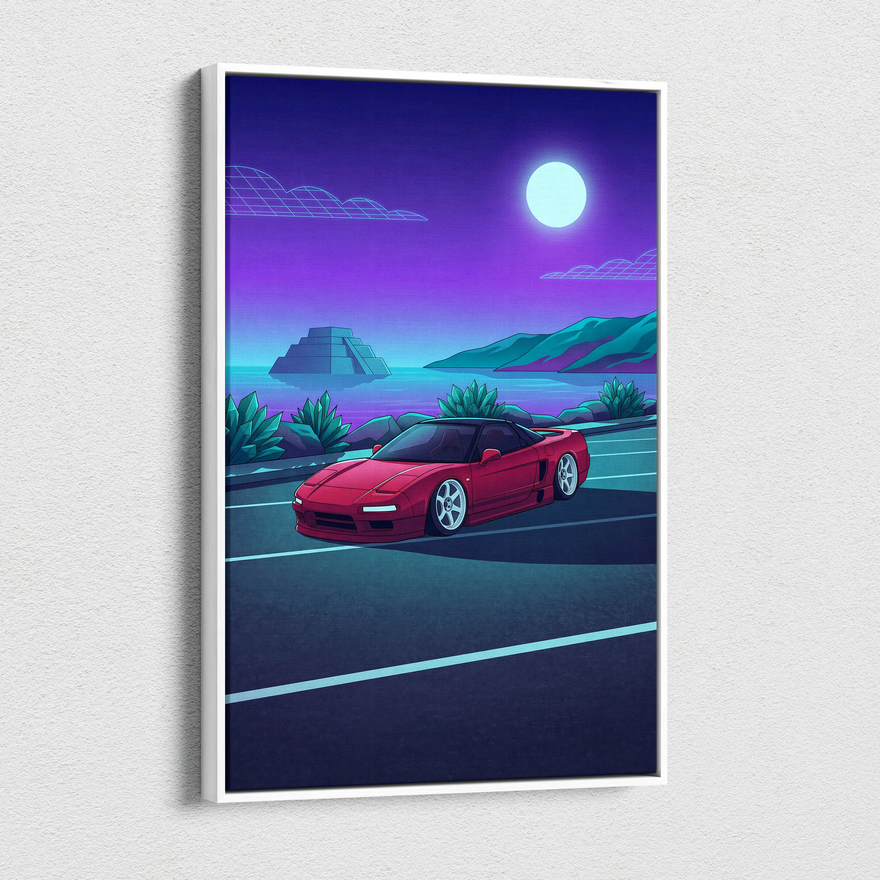 Honda NSX Inspired Red Purple Coastal Canvas Wall Art Vaporwave JDM Supercar Artwork, Neon Ocean Road Garage Decor Retro Futuristic Print