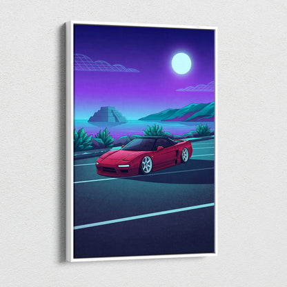 Honda NSX Inspired Red Purple Coastal Canvas Wall Art Vaporwave JDM Supercar Artwork, Neon Ocean Road Garage Decor Retro Futuristic Print