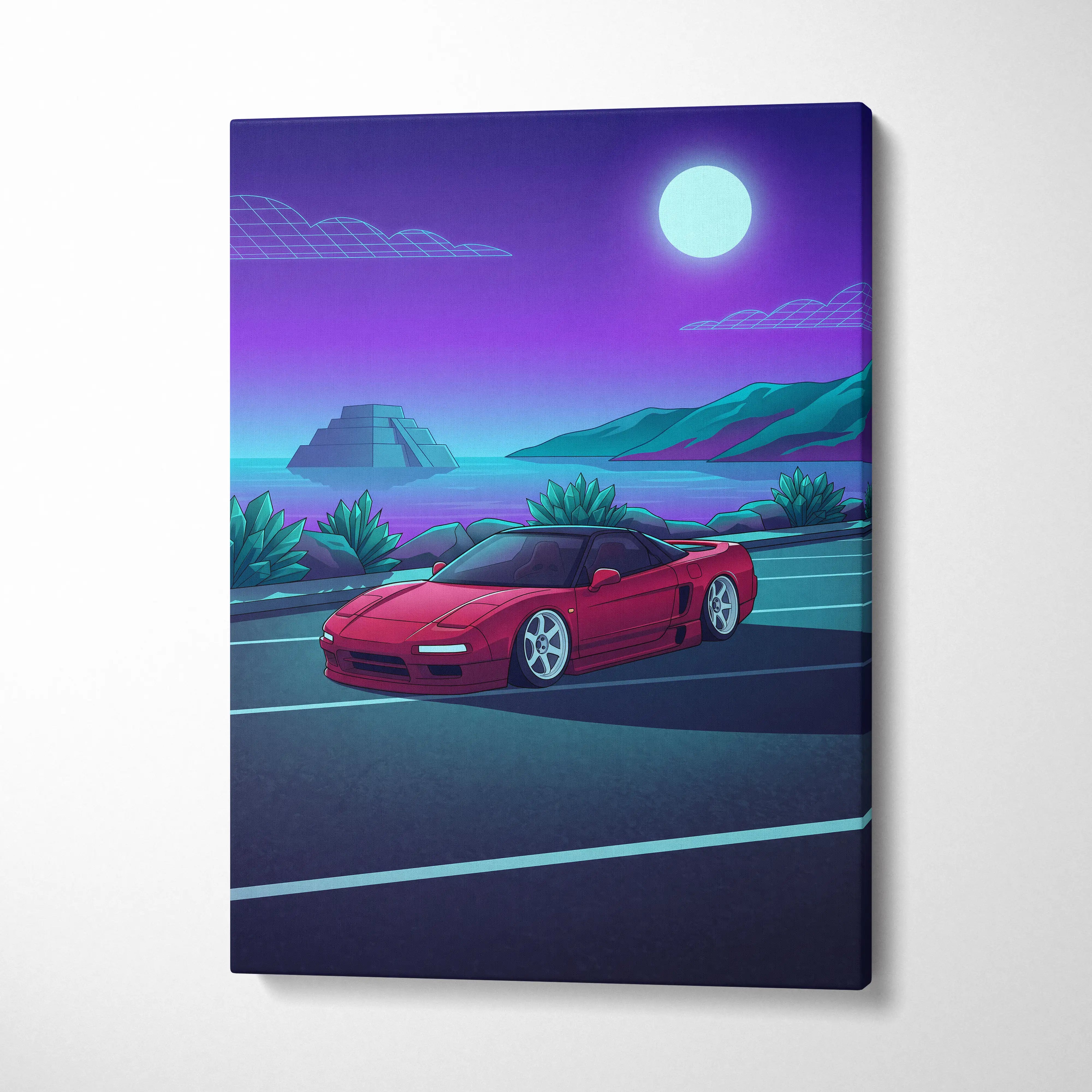 Honda NSX Inspired Red Purple Coastal Canvas Wall Art Vaporwave JDM Supercar Artwork, Neon Ocean Road Garage Decor Retro Futuristic Print