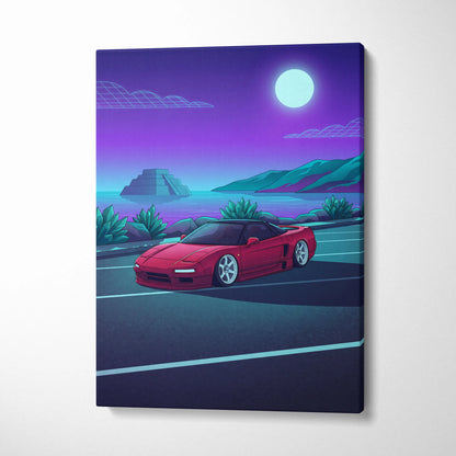 Honda NSX Inspired Red Purple Coastal Canvas Wall Art Vaporwave JDM Supercar Artwork, Neon Ocean Road Garage Decor Retro Futuristic Print