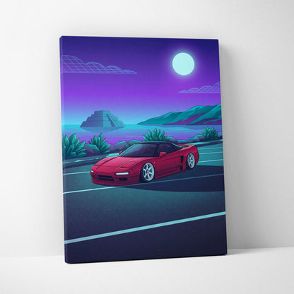 Honda NSX Inspired Red Purple Coastal Canvas Wall Art Vaporwave JDM Supercar Artwork, Neon Ocean Road Garage Decor Retro Futuristic Print