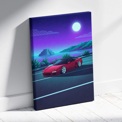 Honda NSX Inspired Red Purple Coastal Canvas Wall Art Vaporwave JDM Supercar Artwork, Neon Ocean Road Garage Decor Retro Futuristic Print
