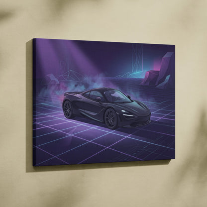 McLaren 720S Inspired Black Purple Canvas Wall Art, Vaporwave Supercar Artwork, Neon Grid Garage Decor, Retro Futuristic Exotic Print