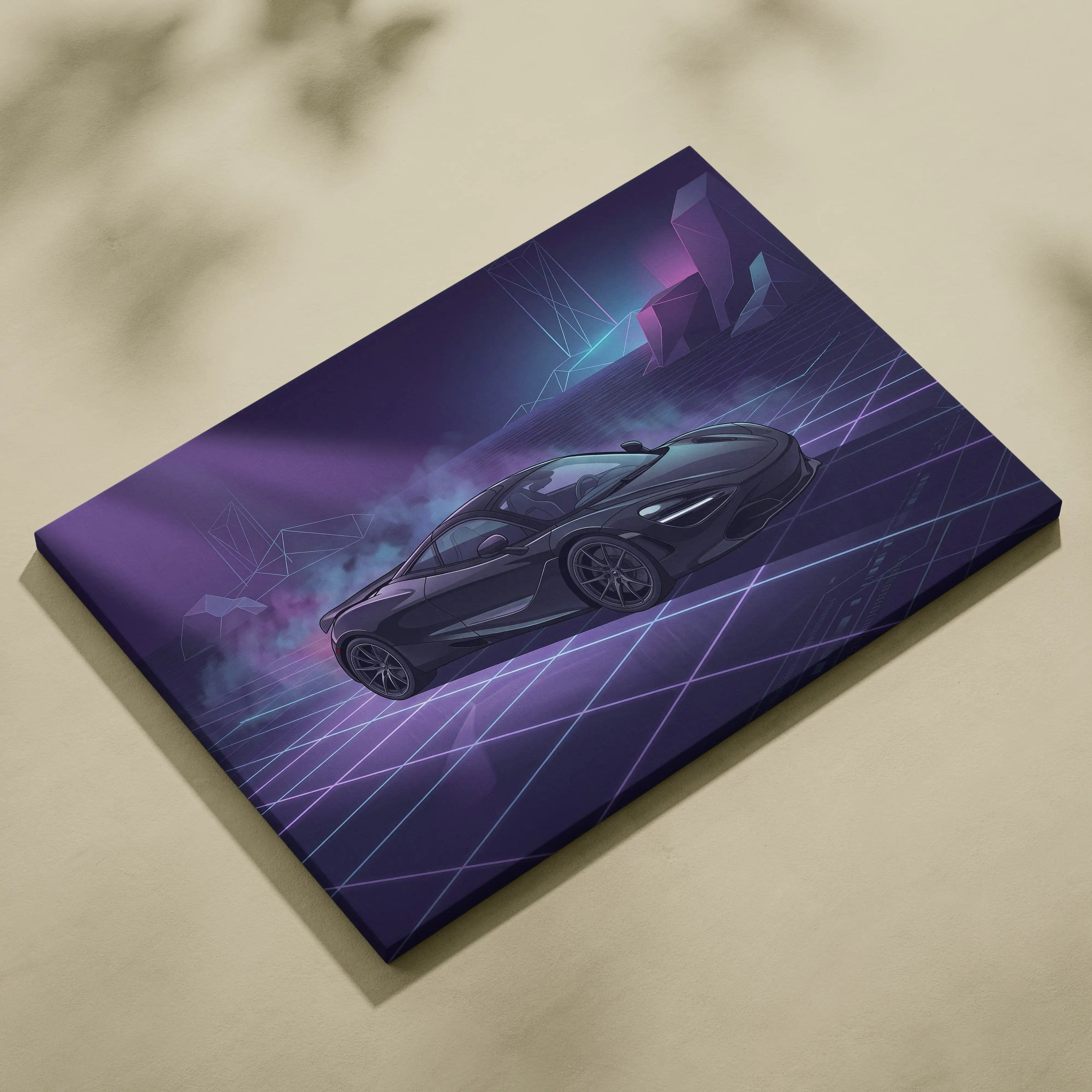 McLaren 720S Inspired Black Purple Canvas Wall Art, Vaporwave Supercar Artwork, Neon Grid Garage Decor, Retro Futuristic Exotic Print