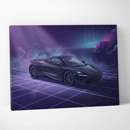 McLaren 720S Inspired Black Purple Canvas Wall Art, Vaporwave Supercar Artwork, Neon Grid Garage Decor, Retro Futuristic Exotic Print