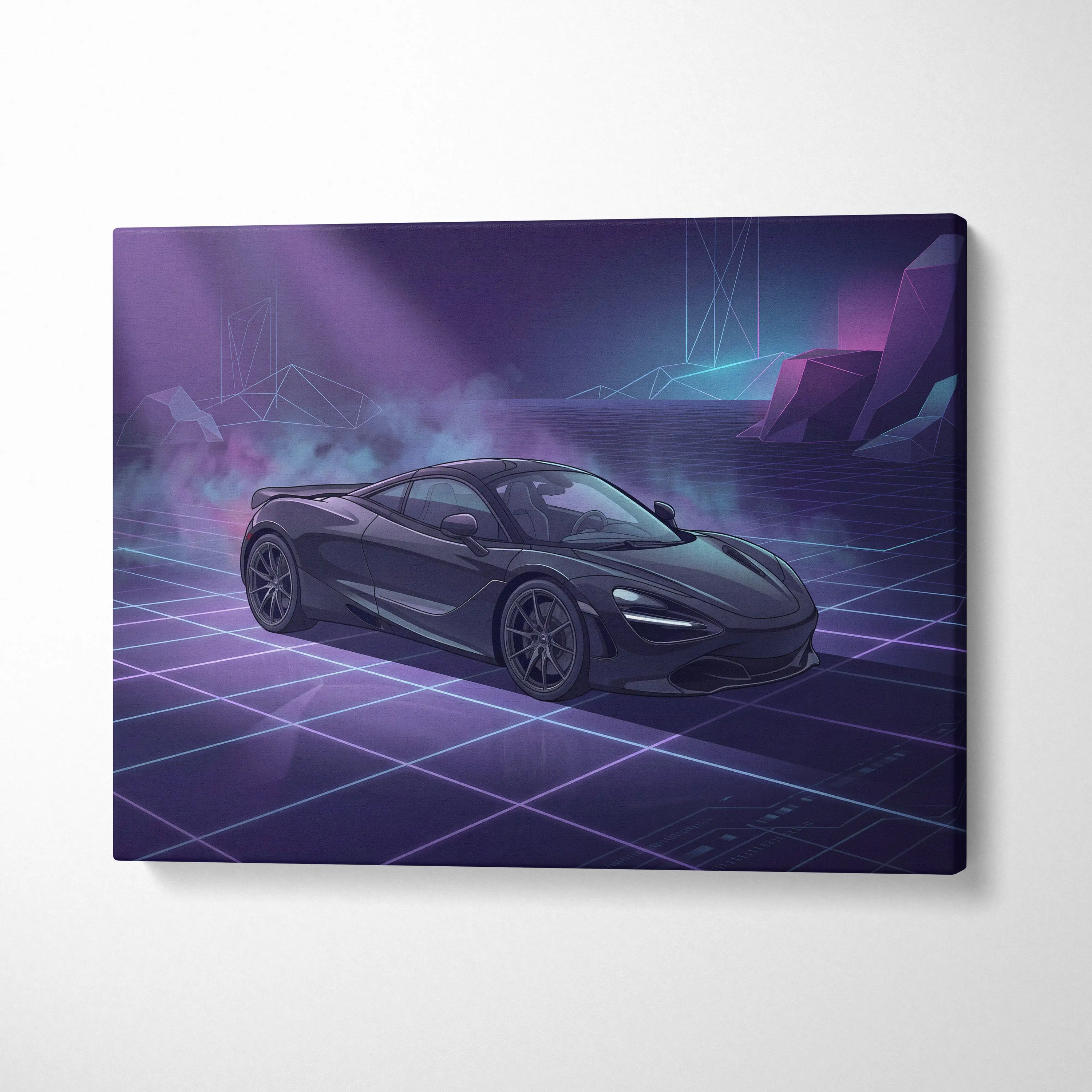 McLaren 720S Inspired Black Purple Canvas Wall Art, Vaporwave Supercar Artwork, Neon Grid Garage Decor, Retro Futuristic Exotic Print