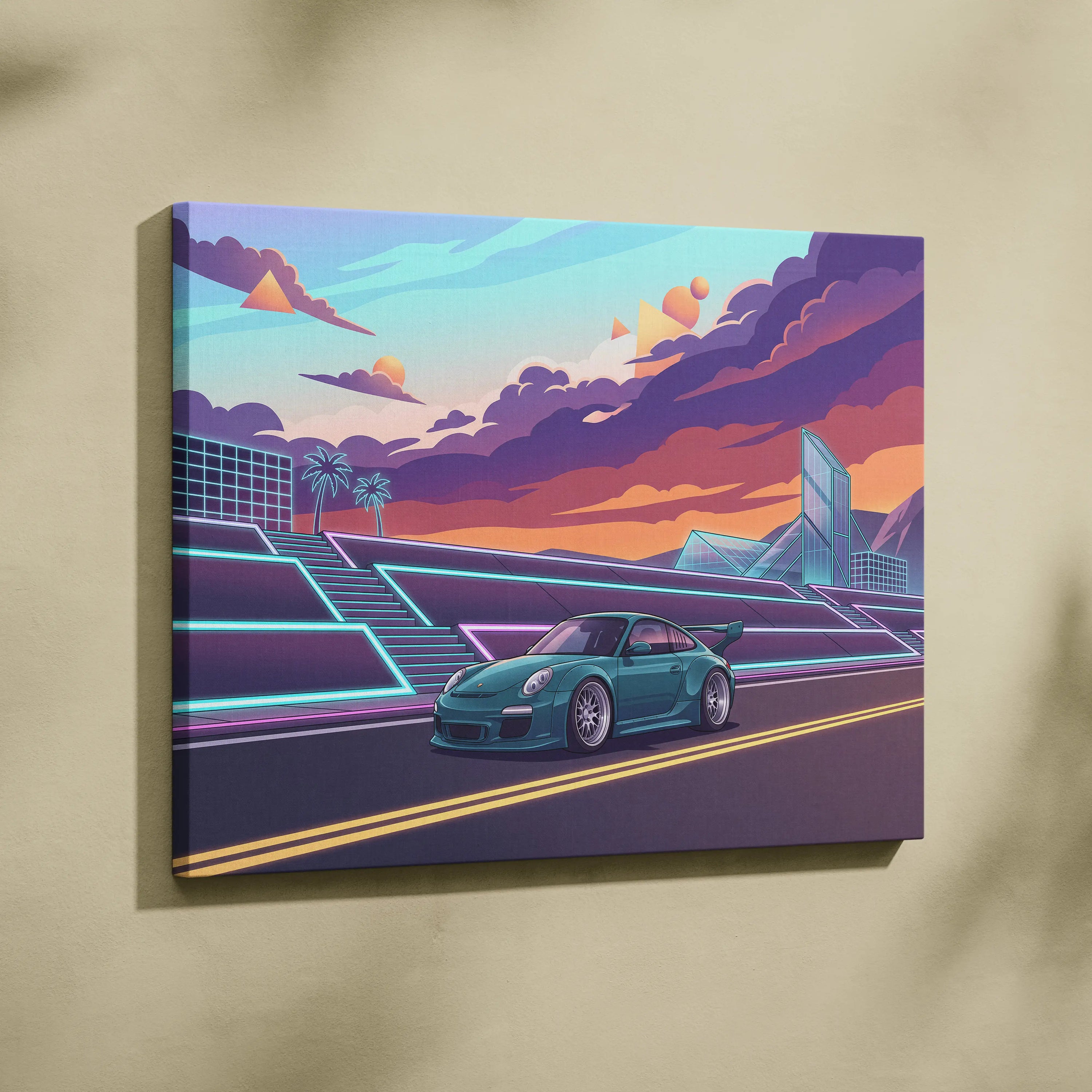 Porsche 911 GT3 RS Inspired Teal Pink Canvas Wall Art Vaporwave Sports Car Artwork Neon City Garage Decor Retro Futuristic Poster
