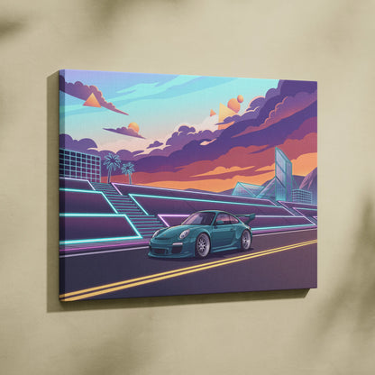 Porsche 911 GT3 RS Inspired Teal Pink Canvas Wall Art Vaporwave Sports Car Artwork Neon City Garage Decor Retro Futuristic Poster