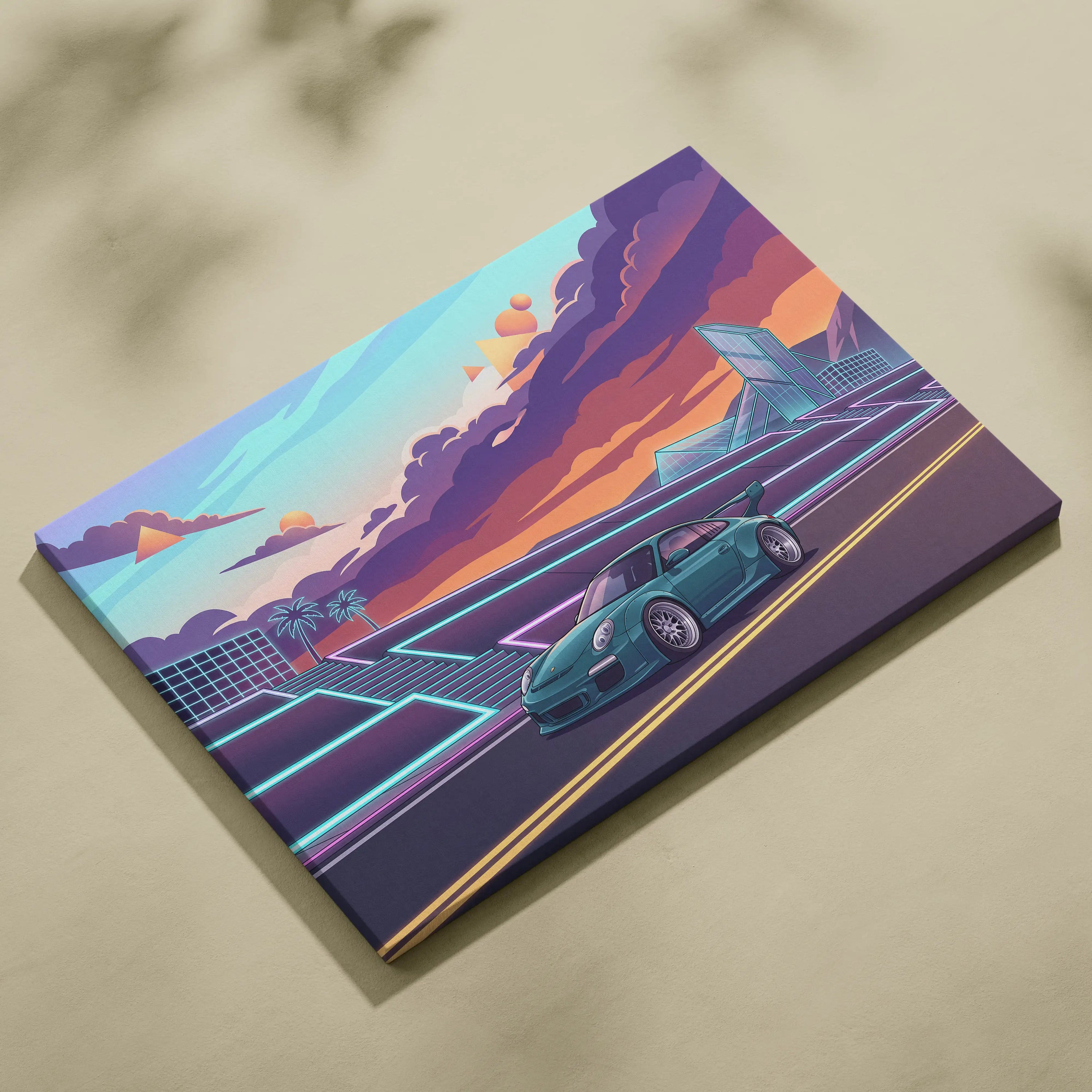 Porsche 911 GT3 RS Inspired Teal Pink Canvas Wall Art Vaporwave Sports Car Artwork Neon City Garage Decor Retro Futuristic Poster