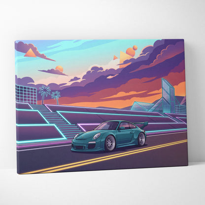 Porsche 911 GT3 RS Inspired Teal Pink Canvas Wall Art Vaporwave Sports Car Artwork Neon City Garage Decor Retro Futuristic Poster